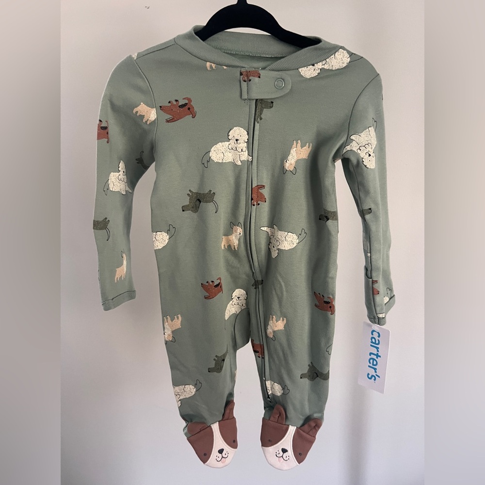 Carter's 3 Month Infant Sage Green Puppy Print Footed One-Piece NWT